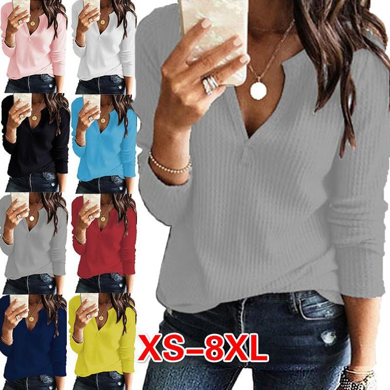 2022 Amazon Wish Aliexpress осень и зима вафельная футболка с длинным рукавом однотонная большая размерная V-образный вырез