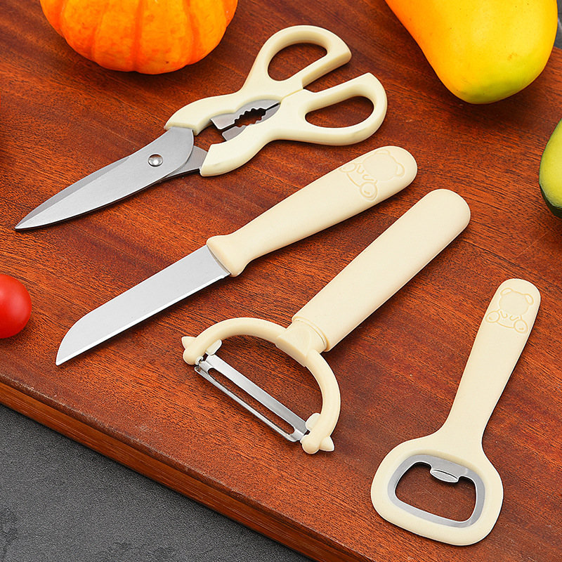 Wholesale kitchen gadgets 5 piece set fruit knife peeler bottle opener with storage holder combination tool suit