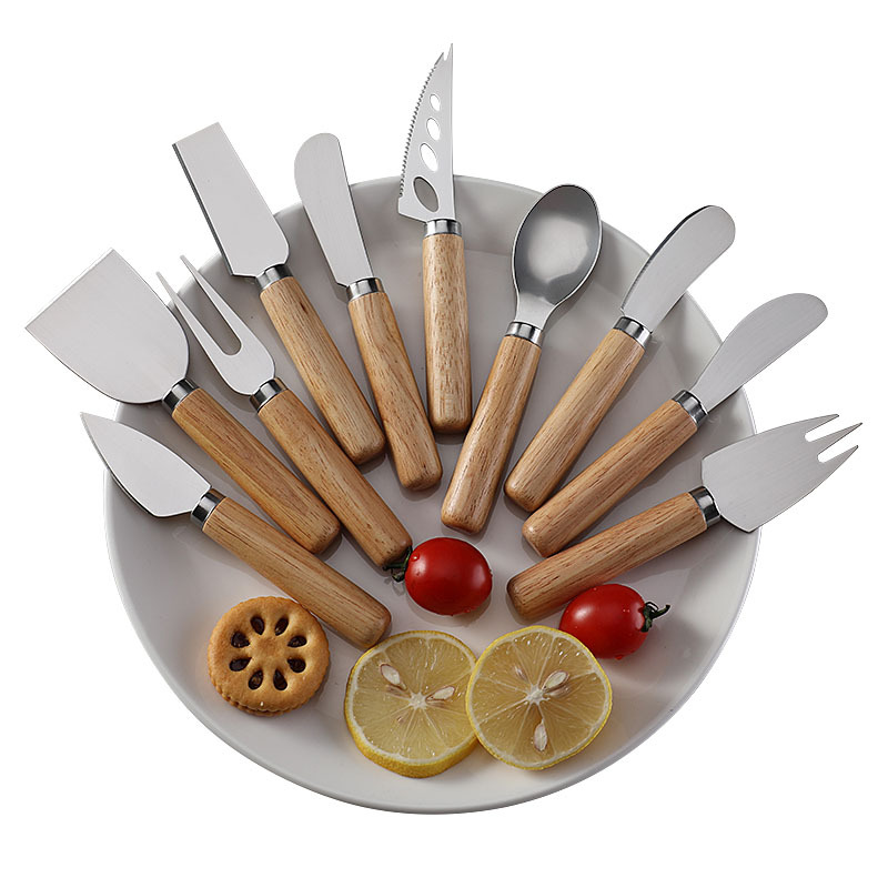 Cross-border in stock Stainless Steel Cheese Tool Rubber Wooden Handle Cheese Knife Cheese Knife Household Burease Knife and Fork
