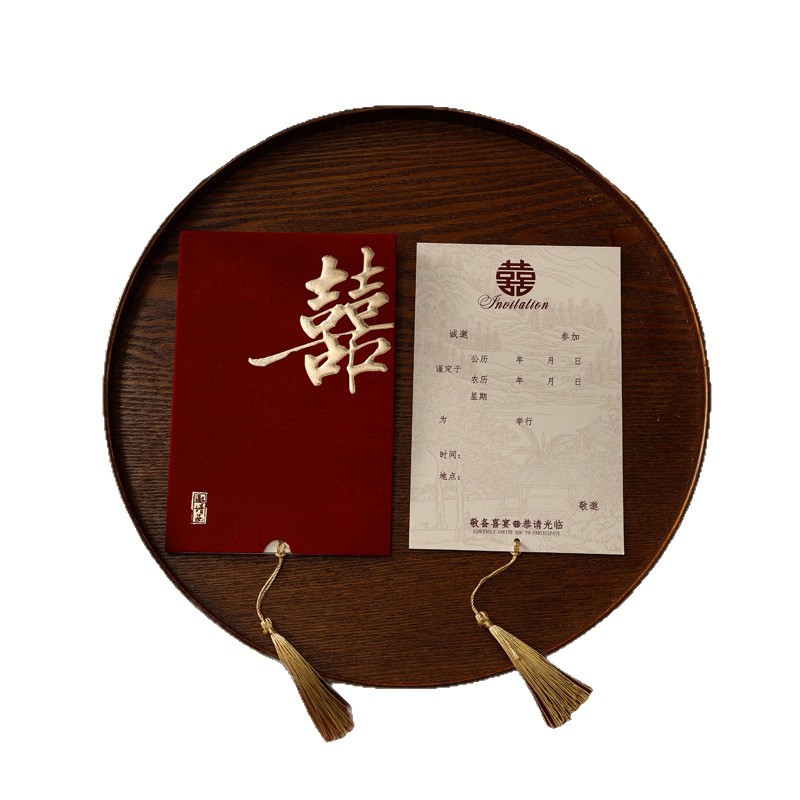 Wedding Invitation Velvet Cloth Burgundy Classy Invitation Tassel Hot Stamping Wedding Invitation Classy Flocking Chinese Style Invitation