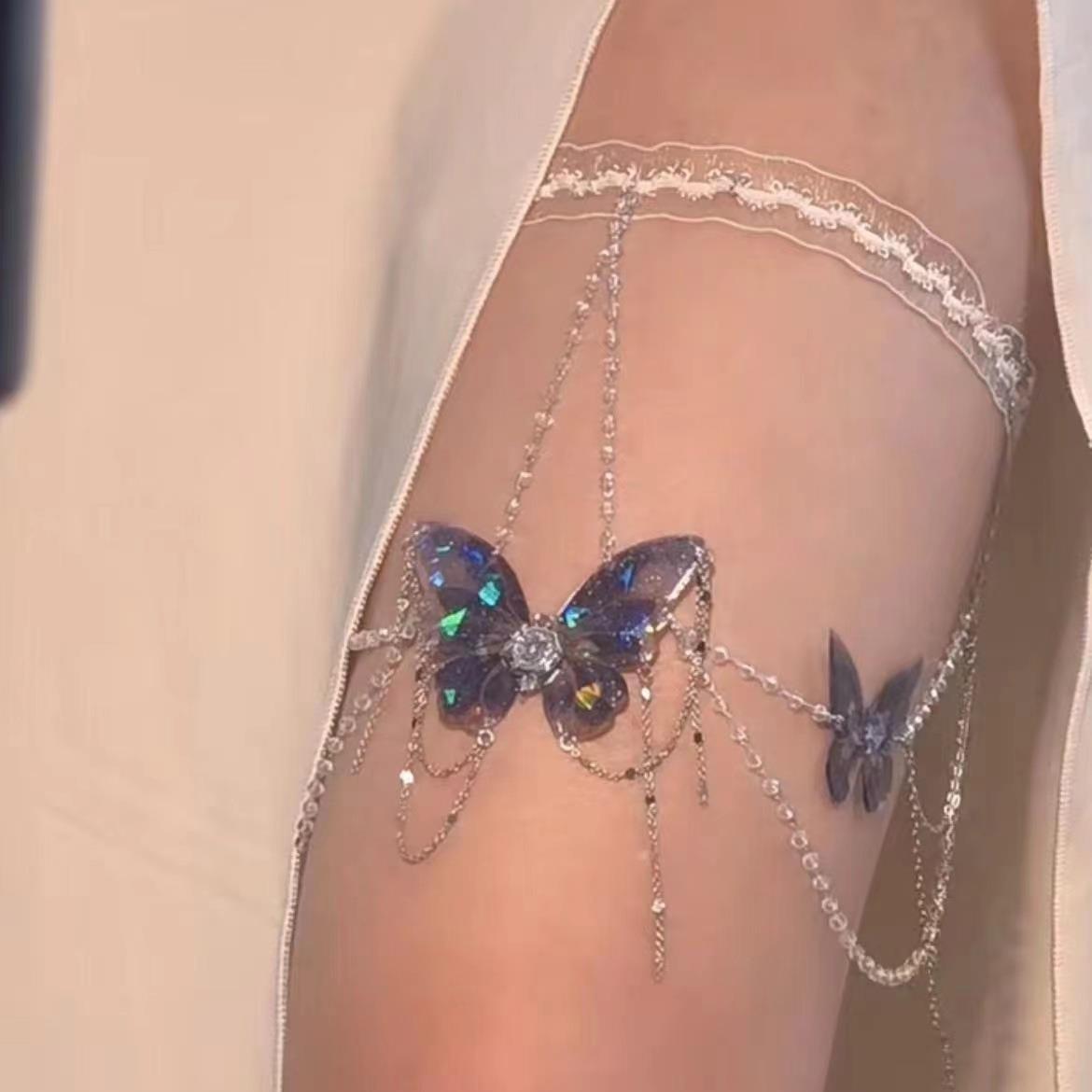 Super Fairy Lace Butterfly Tassel Leg Chain for Women Niche Design Leg Ring Forest Style High-Looking Body Chain Sweet and Cool Sexy Style