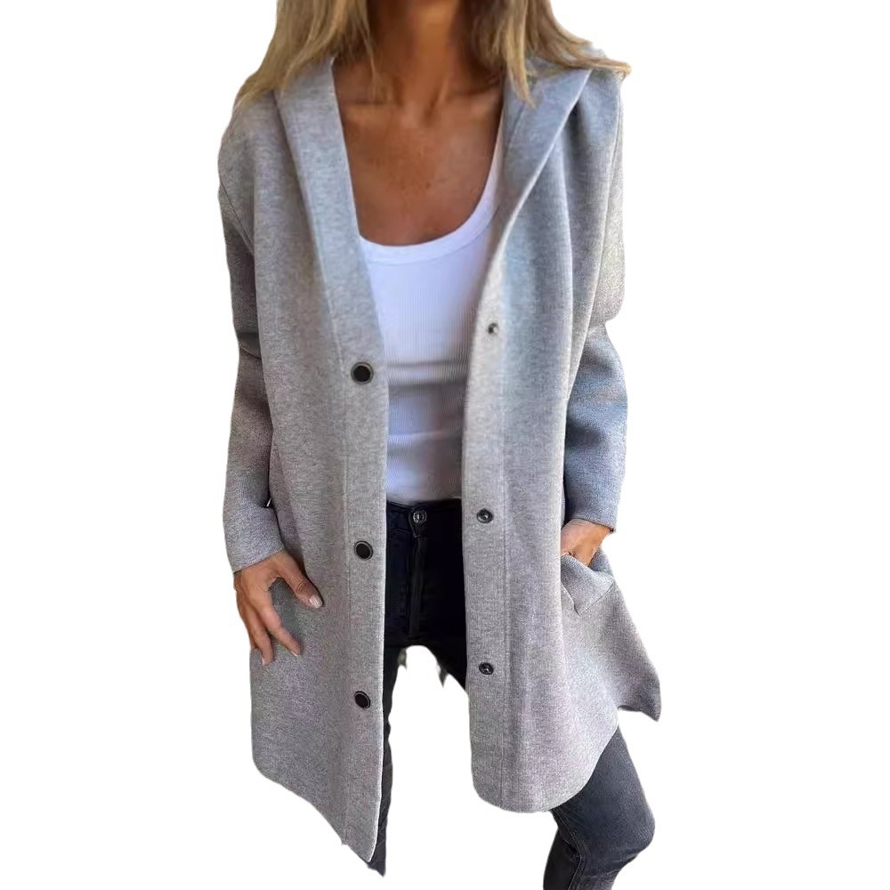 2024 Amazon AliExpress Independent Station_Fall/Winter Solid Color Casual Single-breasted Hooded Jacket