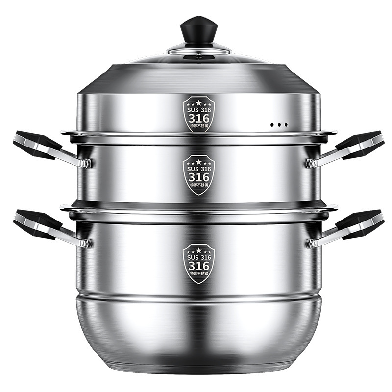 Steel Rice Cooker 316 Stainless Steel Steamer Extra Thick Soup Pot Thickened and Heightened for Steaming Buns Three or Four Layers Large Capacity Household Use