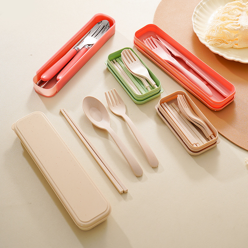 Spoon chopsticks fork three-piece set wheat straw portable plastic tableware student travel storage tableware box
