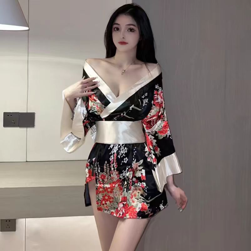 032 Sexy Lingerie Japanese Style Women's Kimono Bow Print Sexy Women's Oriental Dancer Temptation Free Uniform