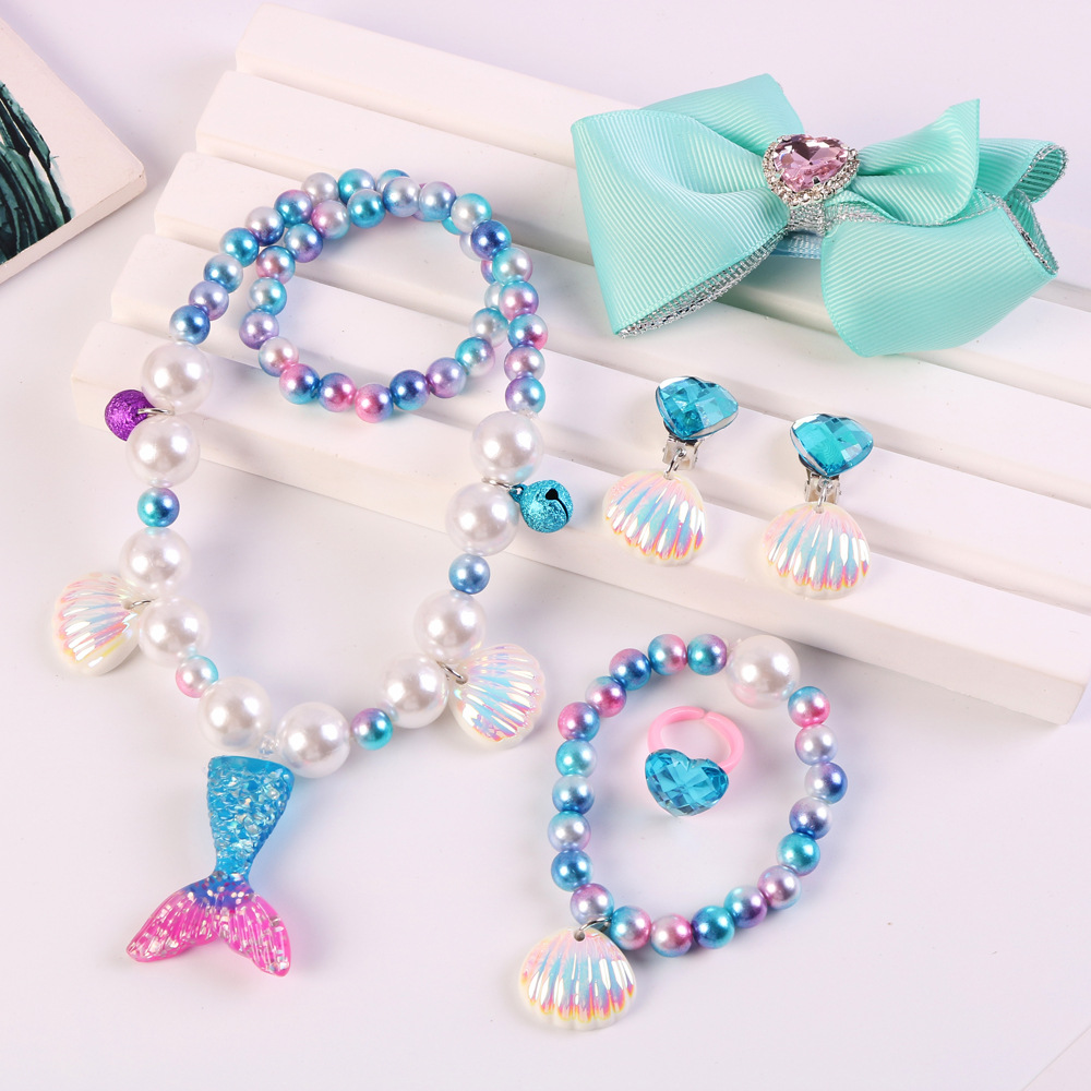Children's Mermaid Tail Bow Necklace Bracelet Little Girl Princess Shell Earring Clip Fish Scale Ring Set