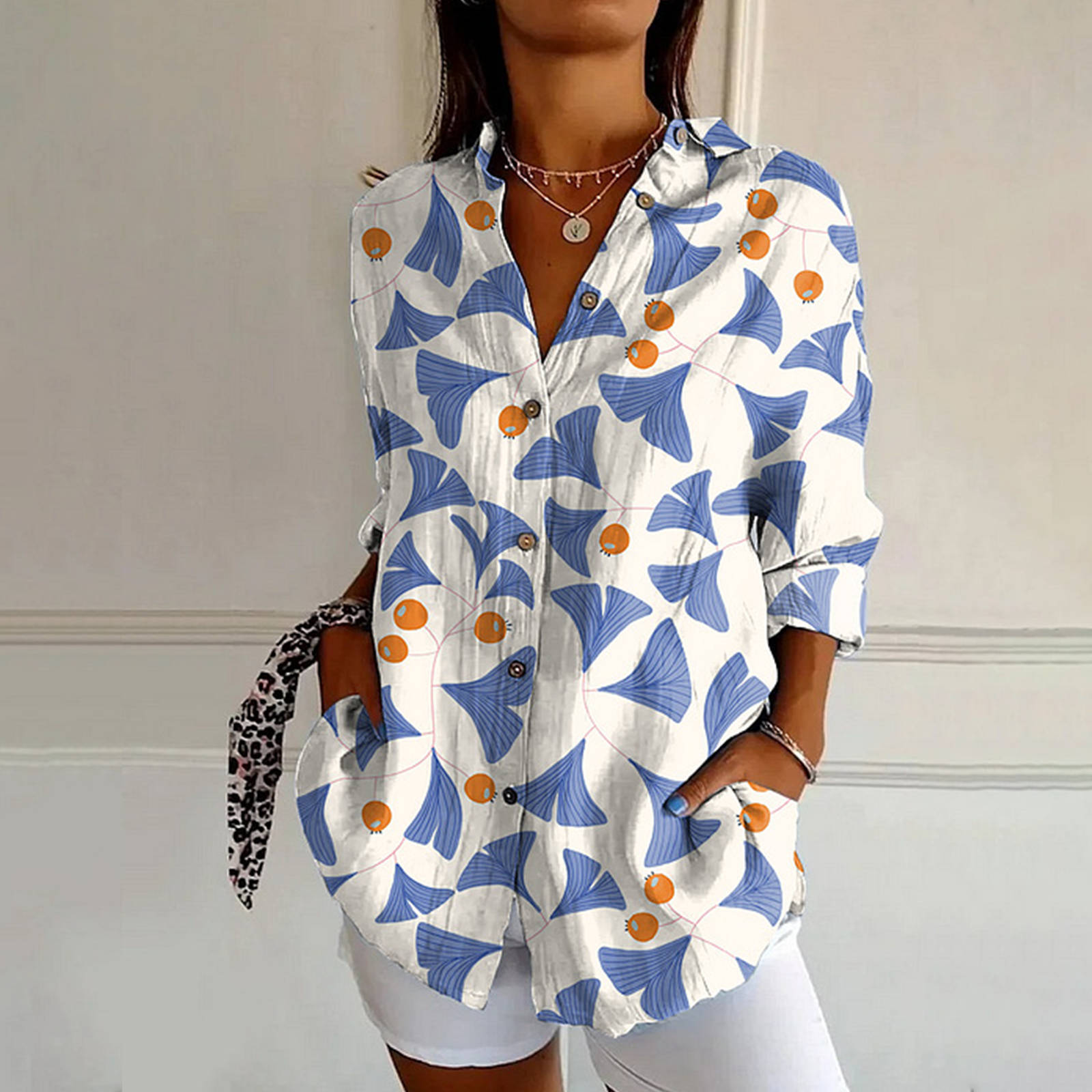 Independent Station Plus Size Women's New Long-Sleeved Button-Down Shirt Retro Line Women's Button-Down Shirt Casual and Comfortable