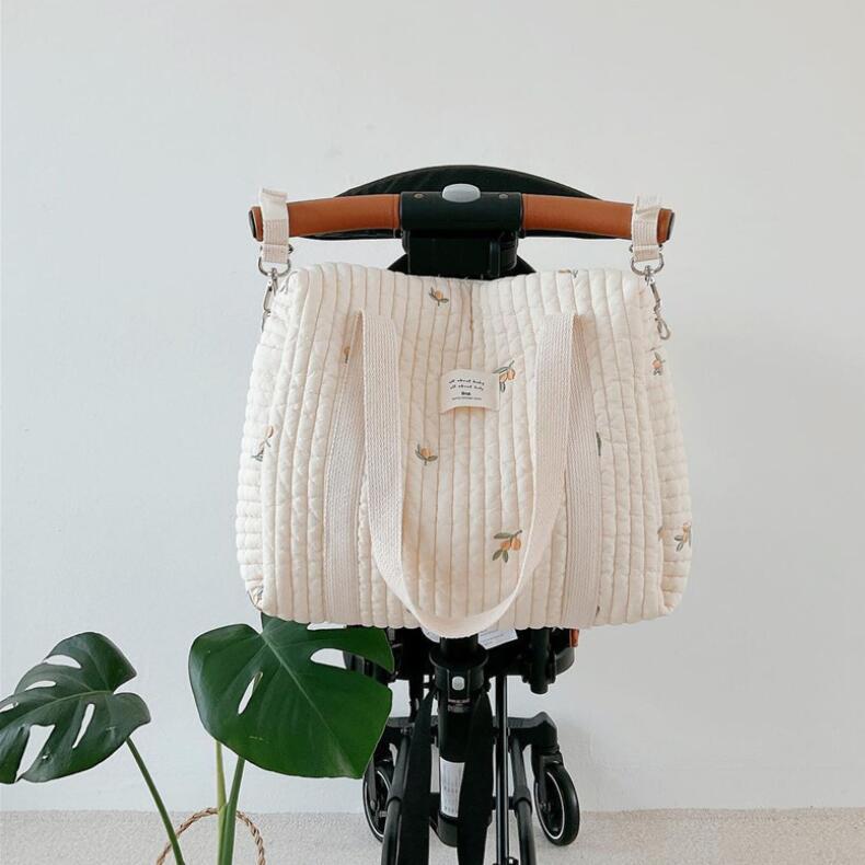 Zipper Embroidered Cotton Mummy Bag Handbag Baby Trolley Hanging Bag Diaper Bag Baby Bottle Fidling Bag Mother and Baby Bag