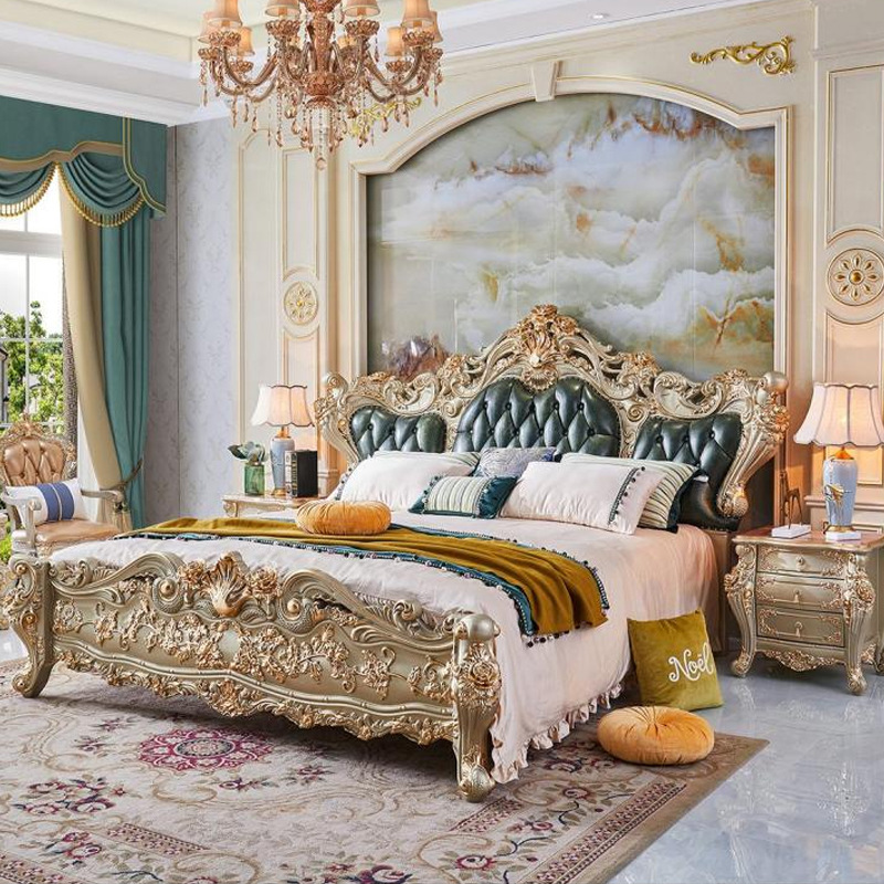 American Style Sofa Light Luxury Advanced Feeling Top Layer Cowhide Sofa for Villa French Style White Oak Carved Gold Furniture Combination