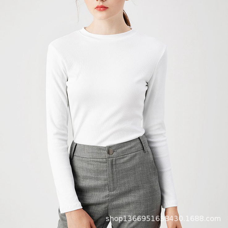 Autumn Heavy-Weight Imported Peruvian Cotton Round-Neck Long-Sleeve T-Shirt for Women, White All-Cotton Slim-Fit Korean Style Inner Layer Base Shirt