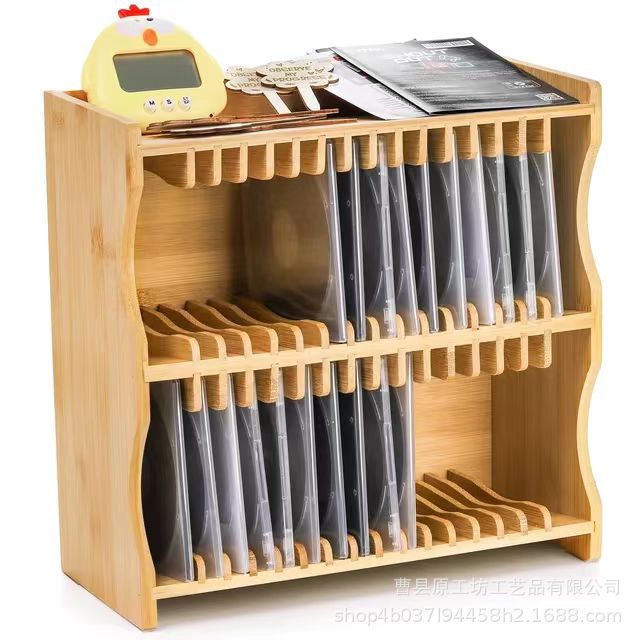 Bamboo Double-Layer Record Box Large-Capacity Cd Album Organizer Desktop Wooden Cd Vinyl Record Display Shelf