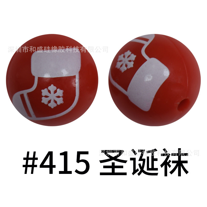 Silicone Beads Christmas Colorful Water Transfer Round Beads 15mm Bracelet Donut Teether Beads Manufacturer Spot Wholesale