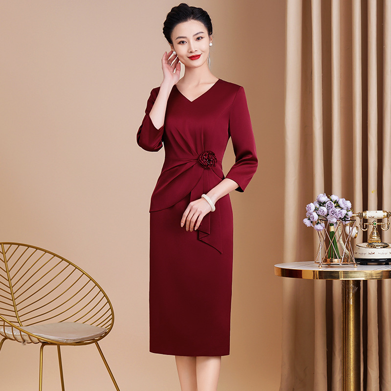 New Hi Mother-in-law Wedding Dress Young Fashion wine red Hi Mother-in-law Dress Slimming Retro High-end dress