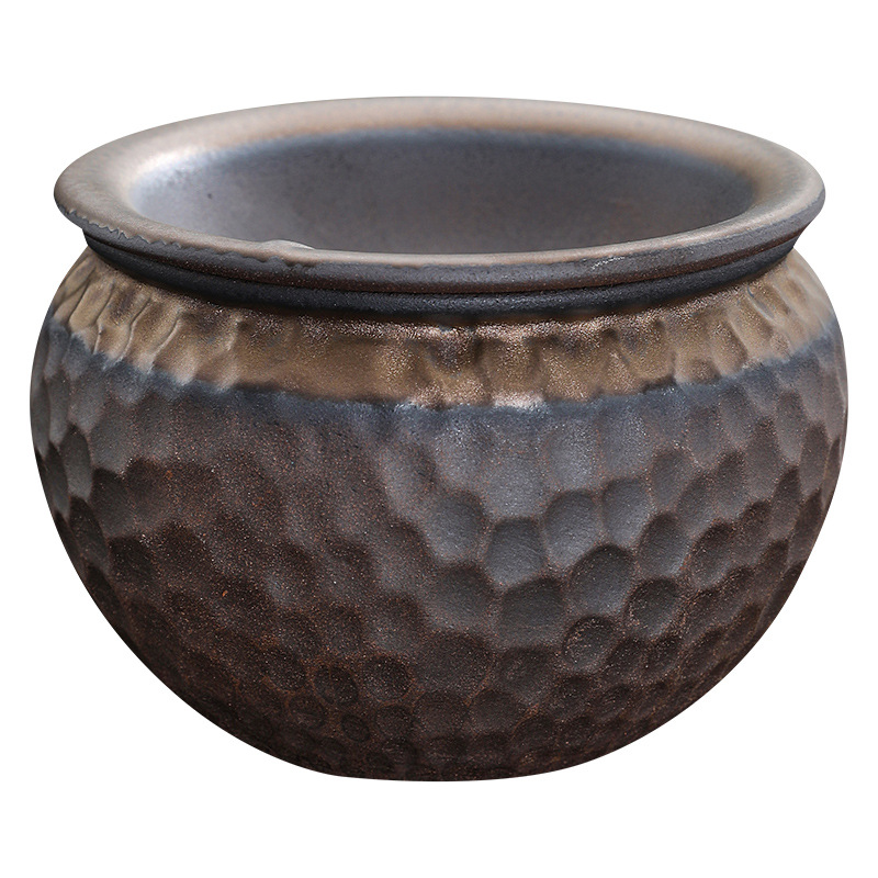 Retro Coarse Pottery Tea Residue Jar, Water Basin, Tea Wash Storage, Desktop Waste Water Jar, Trash Can, Dry and Wet Separation with Filter, Double Layer