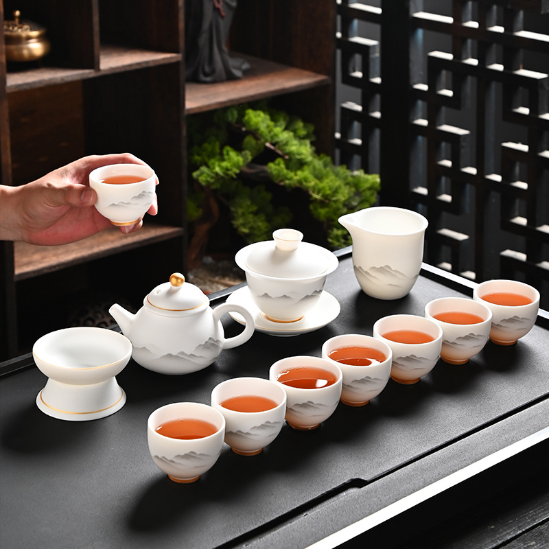 Легкий роскошный чайный набор из жадеита с золотым покрытием, высококачественный кунг-фу чайный набор для домашнего использования, оптовая продажа