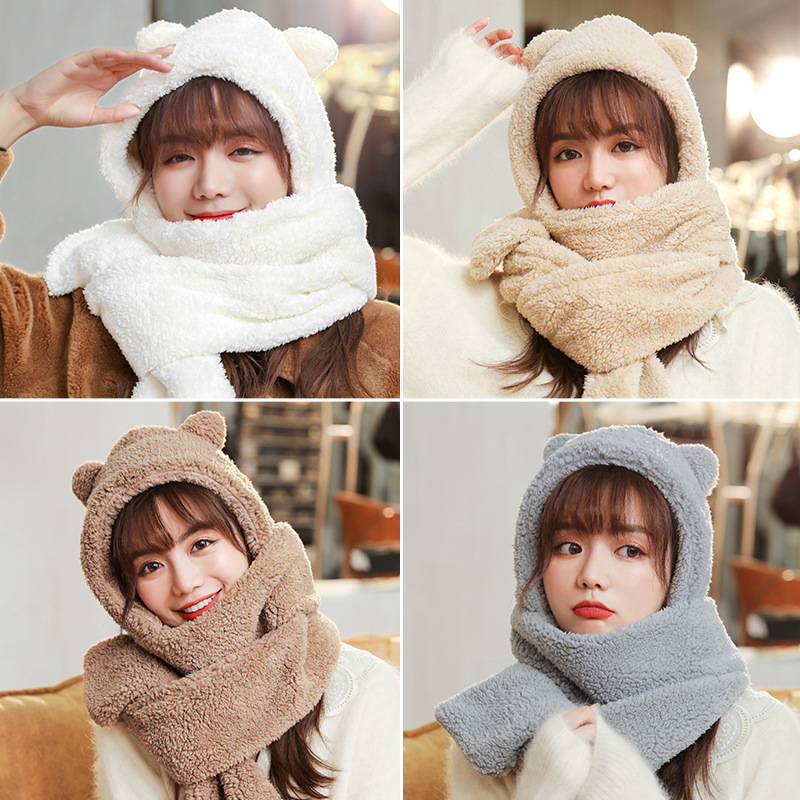 Bear ears hat scarf gloves integrated autumn and winter new women's all-match cute warm plush hat trendy thickened