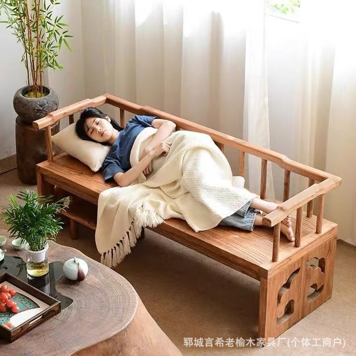 Quiet Style Chinese Elm Rohan Bed Sofa Chair Meditation Zen Bed Small Apartment Solid Wood Weathered Rohan Bed