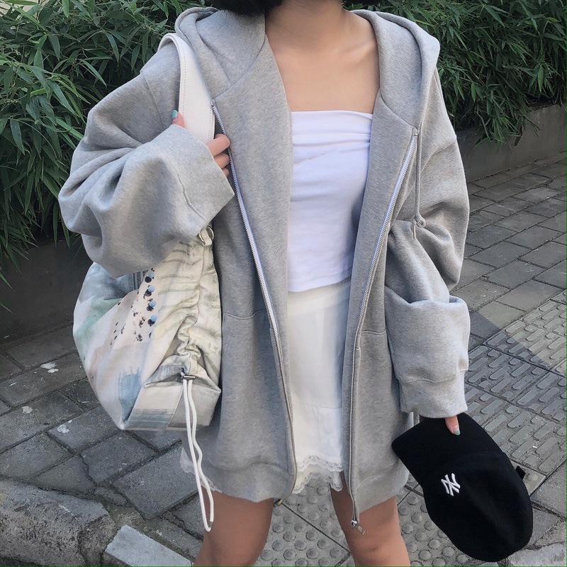 Grey Hooded Sweater Women's New Loose fleece-lined Casual Sports Jacket Spring and Autumn Long Sleeve Zipper Cardigan Top