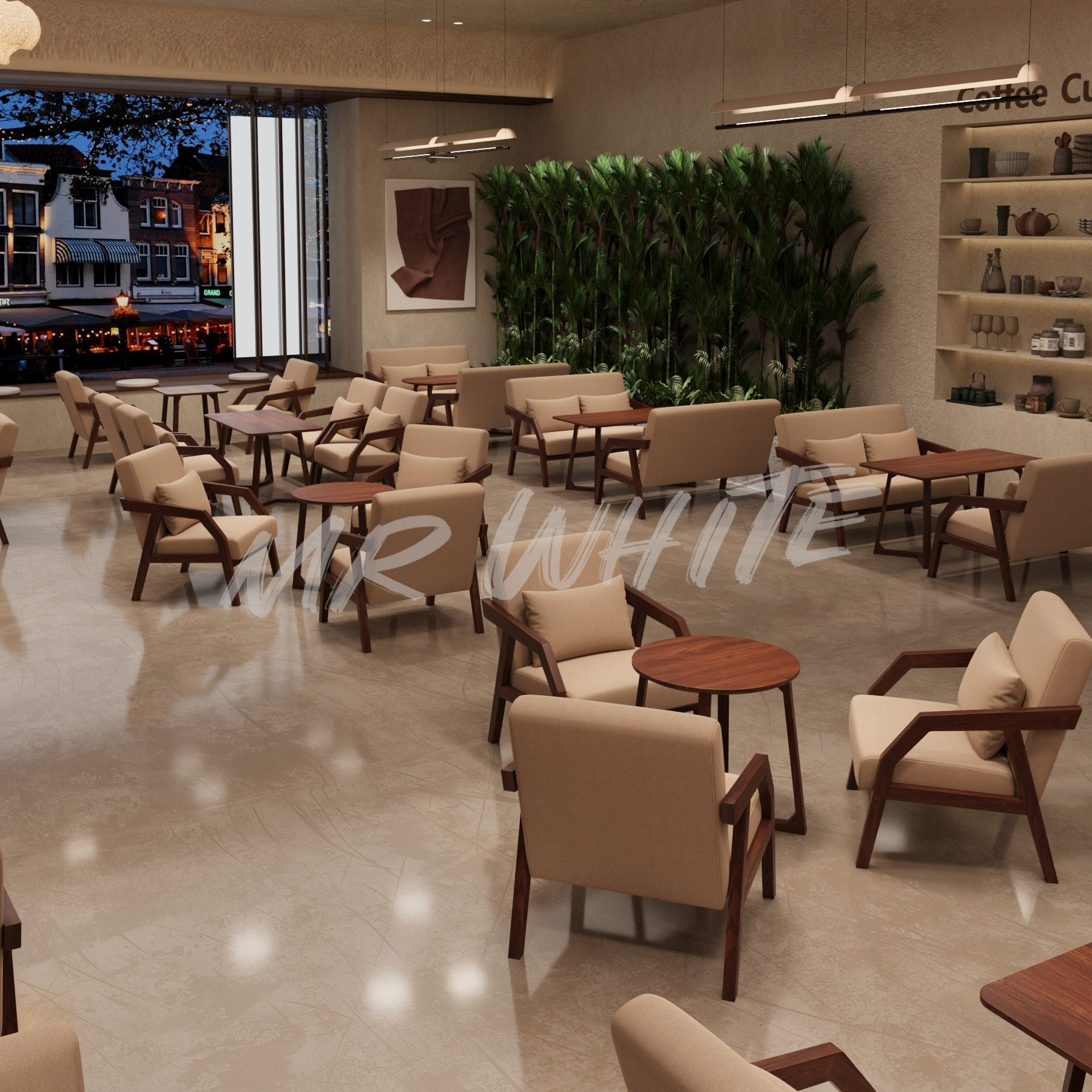 Кафе в скандинавском стиле, доступная роскошь, диван из массива дерева, барный стол и стулья, одиночное кресло