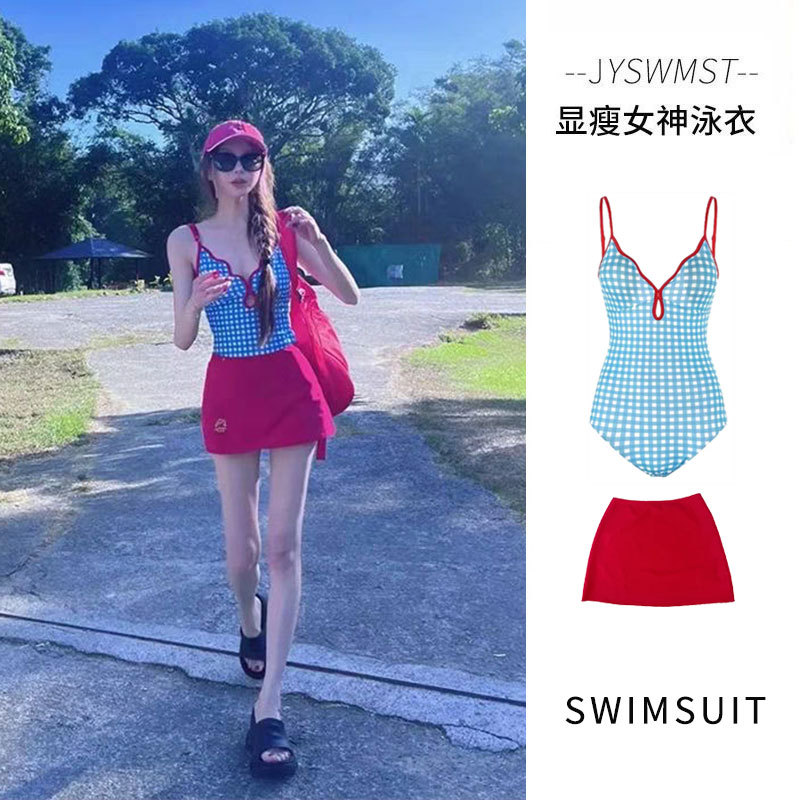 Swimsuit Women's Hot Spring Retro Plaid High-end Conjoined Slight Fat Girl's Belly Covering Pure Desire for Conservative Seaside Vacation