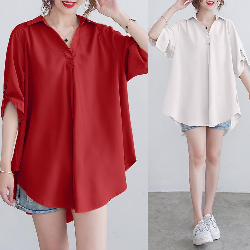 Chiffon Shirt for Women Summer 100kg Fat mm Korean Style Large Size Loose Belly-Covering Slimming Look Waist Elegant A-Line Shirt
