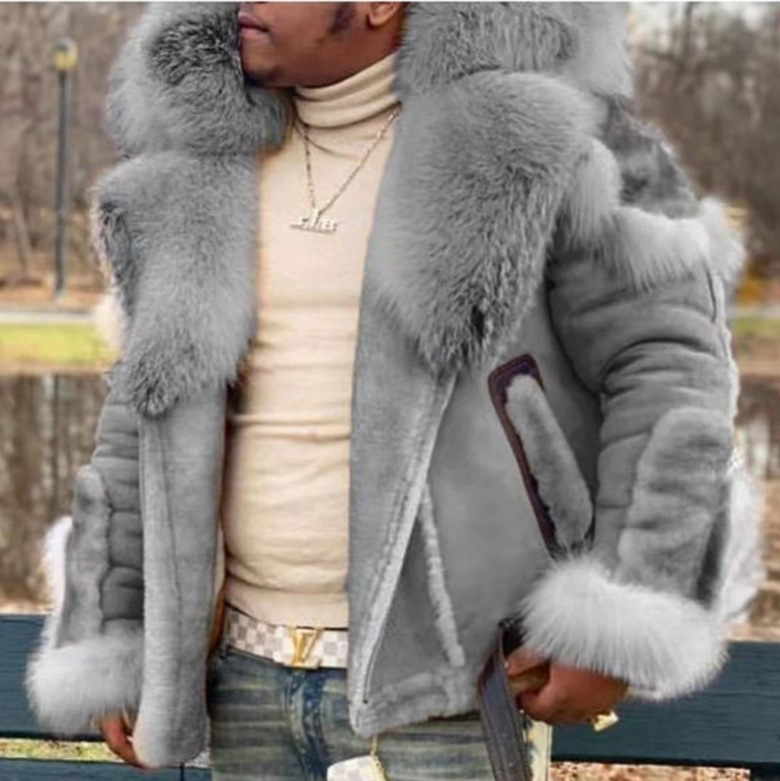 Wish men's imitation leather fur one big fur collar long sleeve 2024 new fur coat wholesale