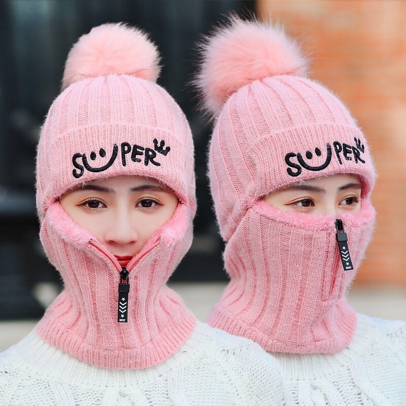 Women's winter knitted wool one-piece hat fleece-lined Korean style versatile ear protection cycling warm thickened wool hat