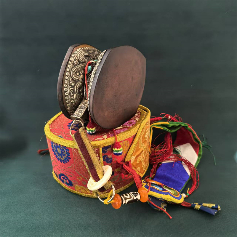 Nepalese Handmade Ancient Style Goatskin Tambourine Copper Gilt Square Tambourine Method Drum Tantric Drum Xizang Drum
