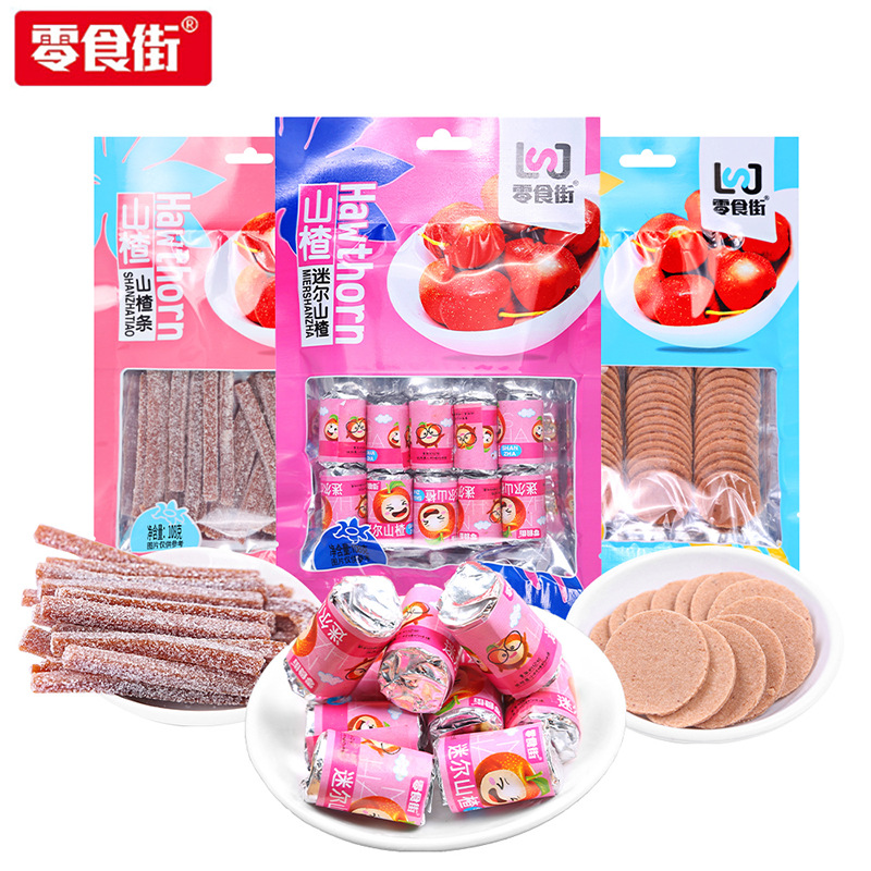 Hawthorn Snacks Packaged in Bags, Various Types of Traditional Fruit Peel/Grease/Slices/Rings/Rolls/Lollipops