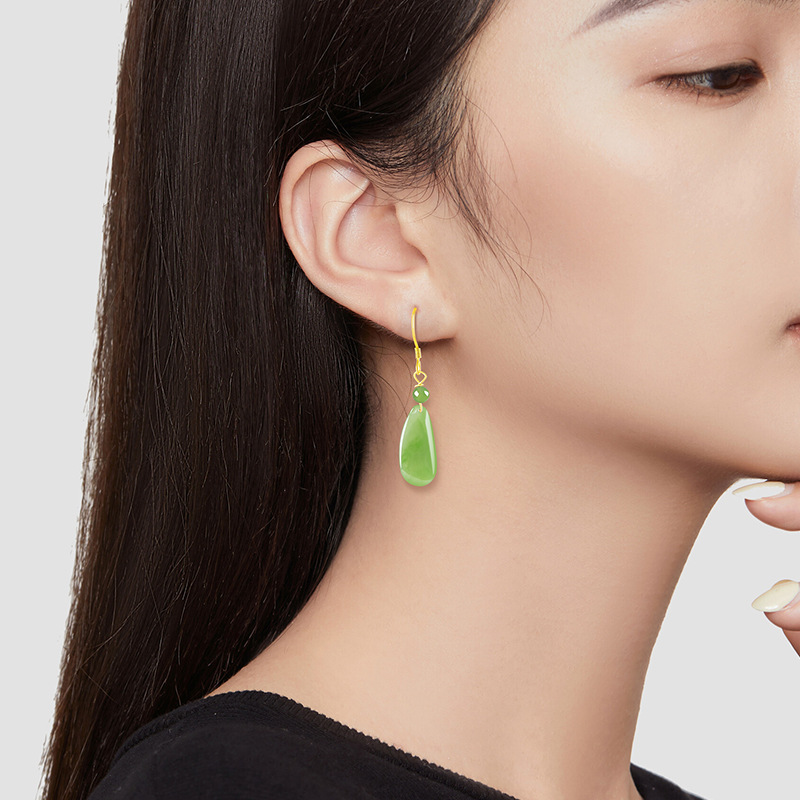 Natural Spinach Green Old Material Hetian Jasper Fugua Earrings Women's genuine goods S925 Silver Jade Earrings