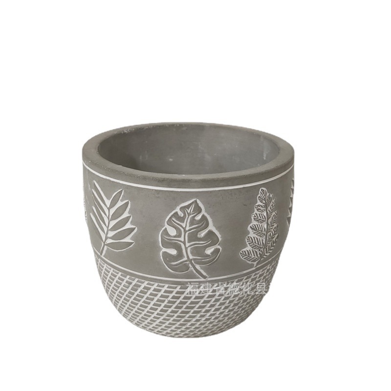Retro embossed flower pot cement pot simple hand painted leaves willow leaf pattern home planting pot wholesale support sample