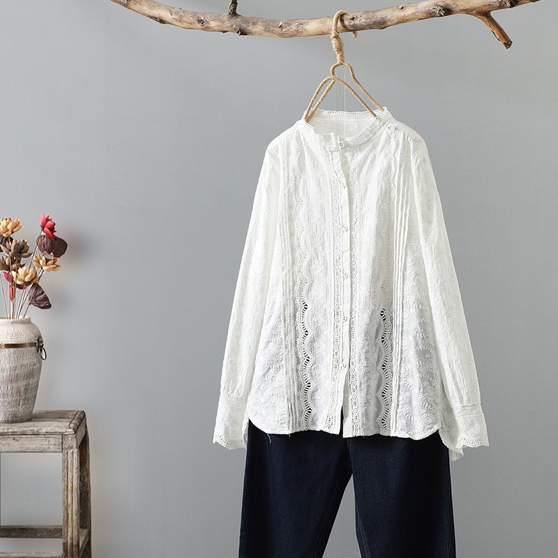 2024 новая кружевная рубашка с стоячим воротником, вышитая литературная ретро-рубашка, женская осень, новая полая свободная длинная рукава