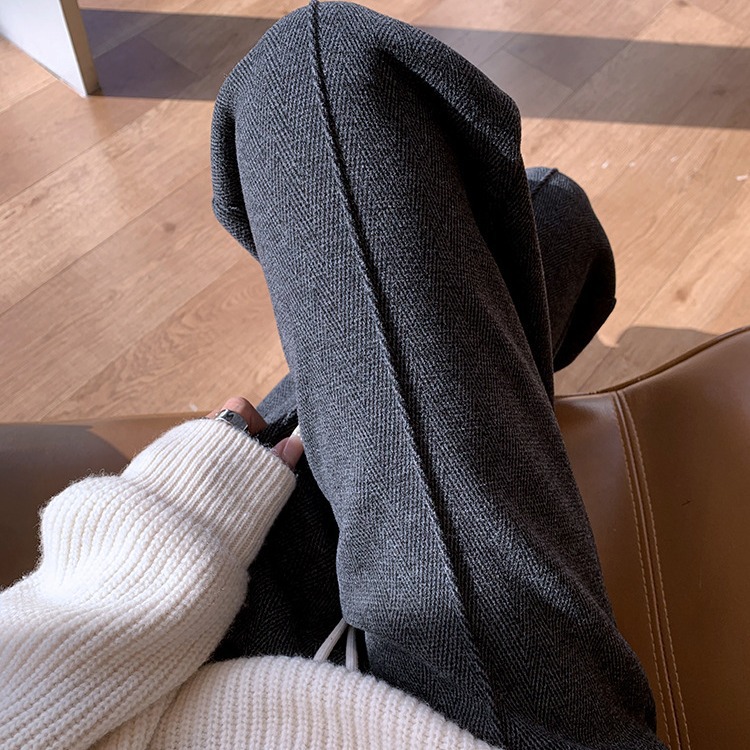 Velvet Thickeneded Woolen Pants for Women 2025 Autumn and Winter New High-Waist Herringbone Pattern Straight Narrow Suit Wide-Leg Pants