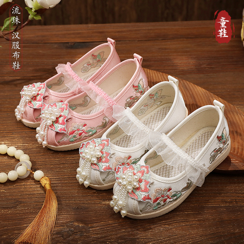 Весенние вышитые туфли для детей 2025 года, туфли династии Хань, туфли в китайском стиле, украшенные перлами