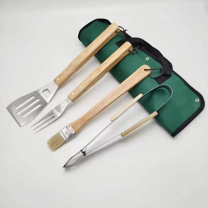 Оптовые наборы инструментов для барбекю из нержавеющей стали с сумкой и деревянной ручкой, 5 предметов