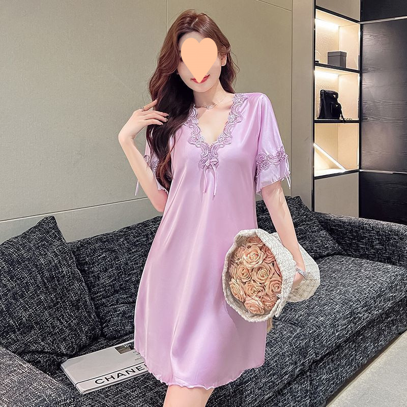 Ice Silk Nightgown Sexy Lace F Pajamas Women's Home Wear XS Outer Wear Short-Sleeved Large Size Elastic Nightgown Ny062