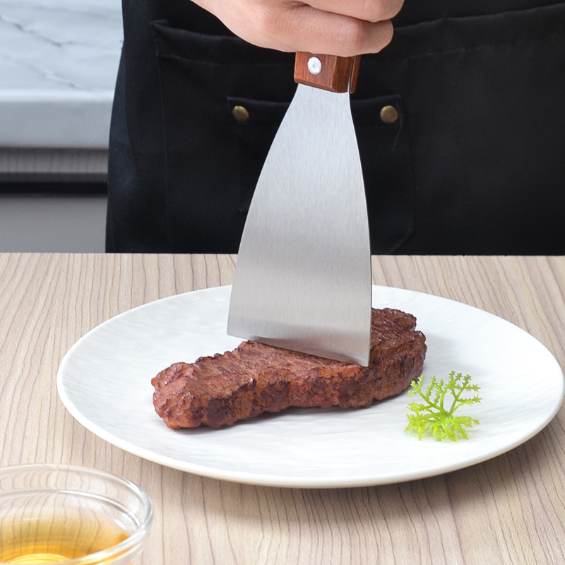 Three-Sided Flat Spatula Kitchen Gadget Angled Spatula Teppanyaki Spatula Stainless Steel Wooden Handle Pancake Cake Cooking Spatula