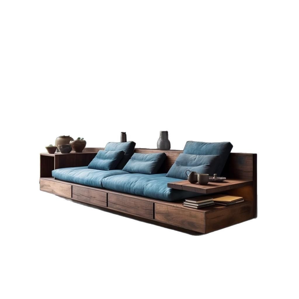 Quiet Style Old Elm Wood Sofa Household Straight Row Sofa Bed Living Room Solid Wood Sofa Chair Rohan Bed Sofa with Drawer