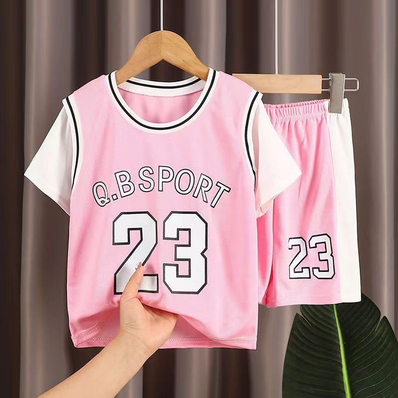 New Summer Children's Short-sleeved Sports Suit Fashionable Men's and Women's Middle and Old Children's Basketball Training Clothes Quick-drying Breathable Handsome Thin