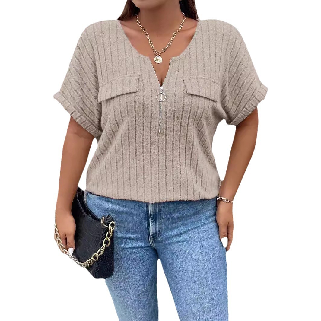 2025 Amazon Spring and Summer New Solid Color plus size Women's Top Zipper Short Sleeve Fake Pocket Pullover T-shirt Loose