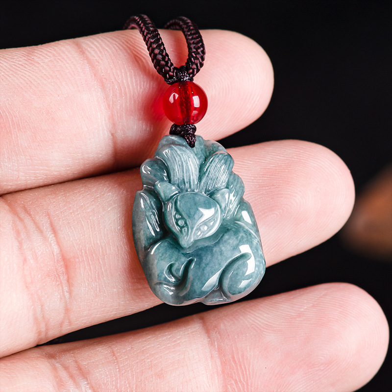 genuine goods natural A goods jade blue water fox nine tail fox glutinous jade pendant pendant high-grade men's and women's wholesale