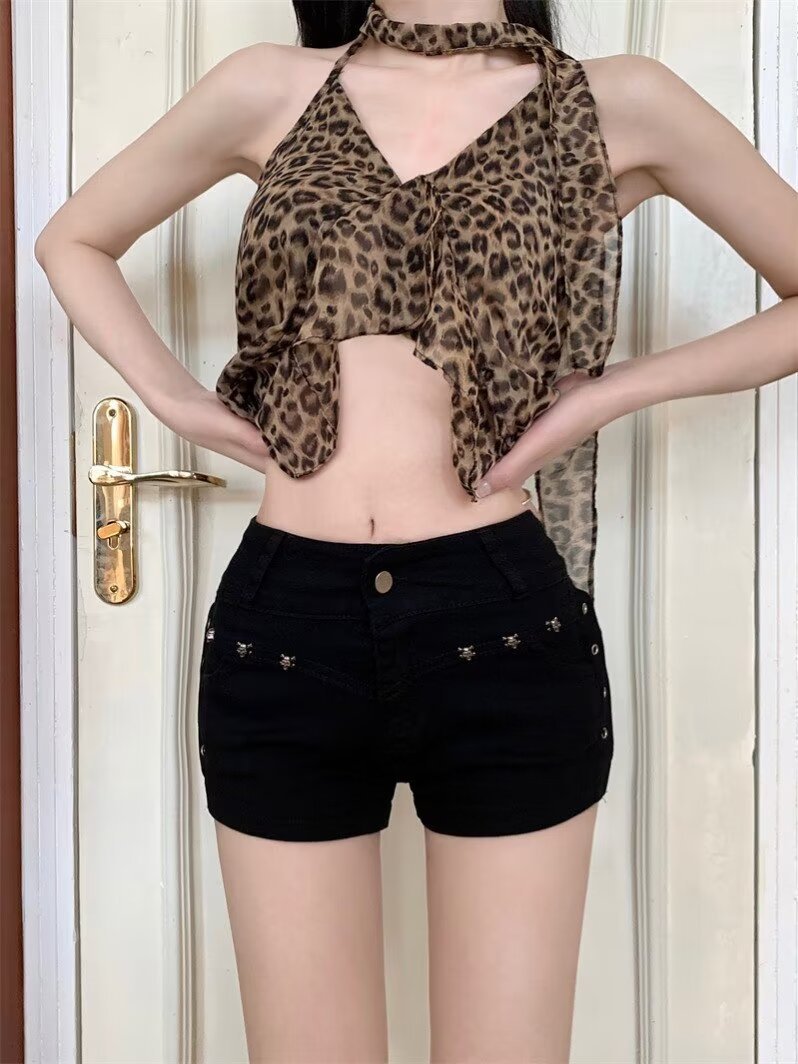 American Style High Street Hot Girl Stud Denim Shorts High Waist Slim-Fit Slimming All-Match Straight Hip Short Hot Pants