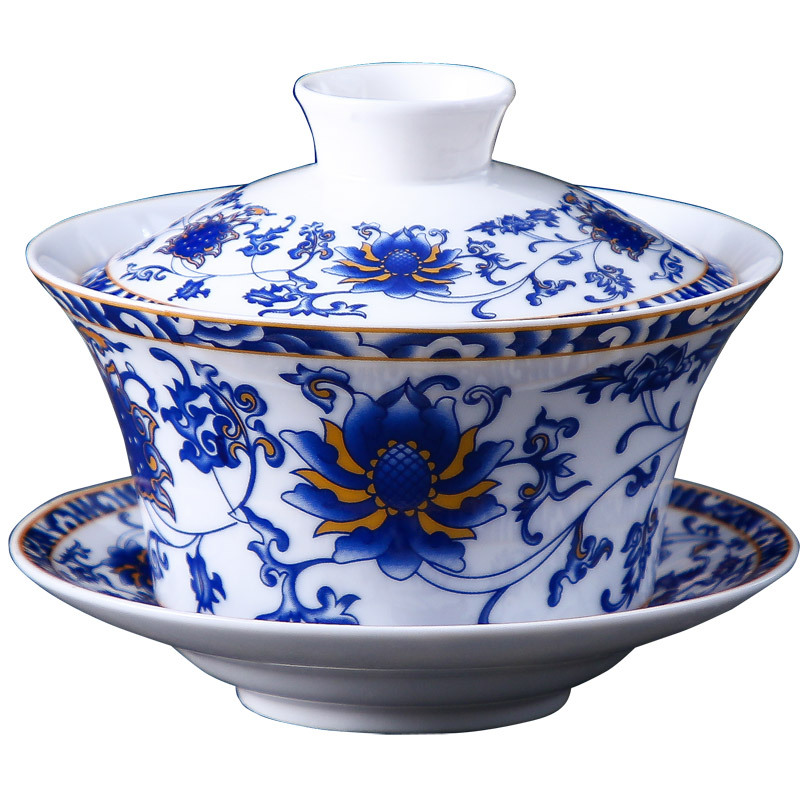 Ceramic Sancai Covered Bowl, Eight Treasure Tea Bowl, Large Capacity Three-Bubble Covered Bowl, Flower Tea Cup, Coffee Pure White Porcelain Tea Cup