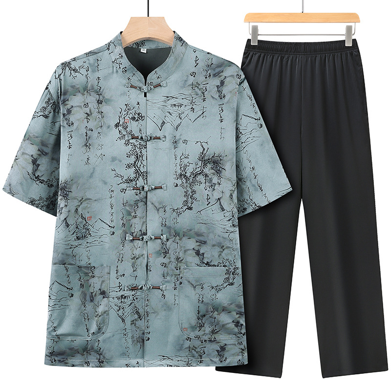 Костюм тан для мужчин 2025 года, новый, для среднего и пожилого возраста, китайский стиль, короткий рукав