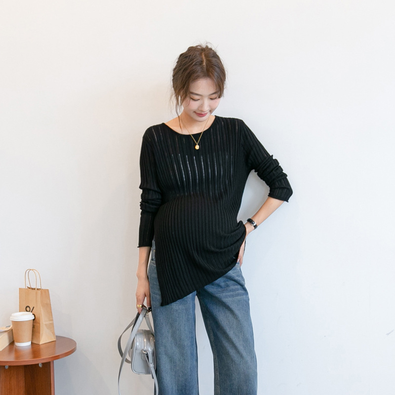 Autumn Maternity Shirt Knitted Fashionable Maternity Wear Mid-Length Maternity Bottoming Shirt Knitted Cut Out Long-Sleeved Sweater