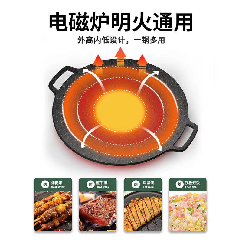Korean style round iron plate grilled shrimp smooth non-stick baking plate teppanyaki outdoor picnic portable barbecue plate card stove Universal