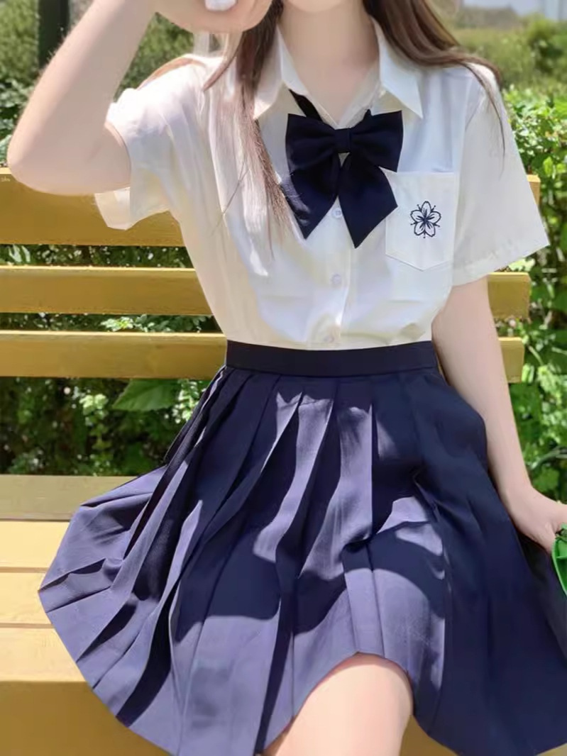 Sakuragi North Short-sleeved Pleated Skirt suit JK Shirt Japanese Style White Blue Embroidered Women's Shirt Spring JK Uniform