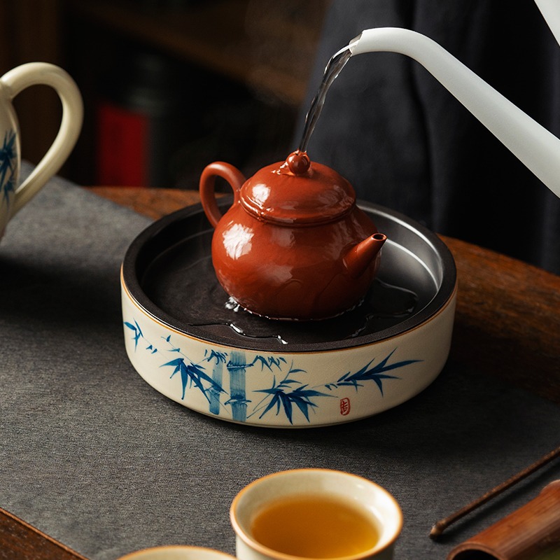 Ru Kiln Hand-painted Pot with Open Pieces and Water-raising Storage Type Dry Soaking Table High-end Kung Fu Tea Set Accessories Pot with Tea Bearing and Zero Matching