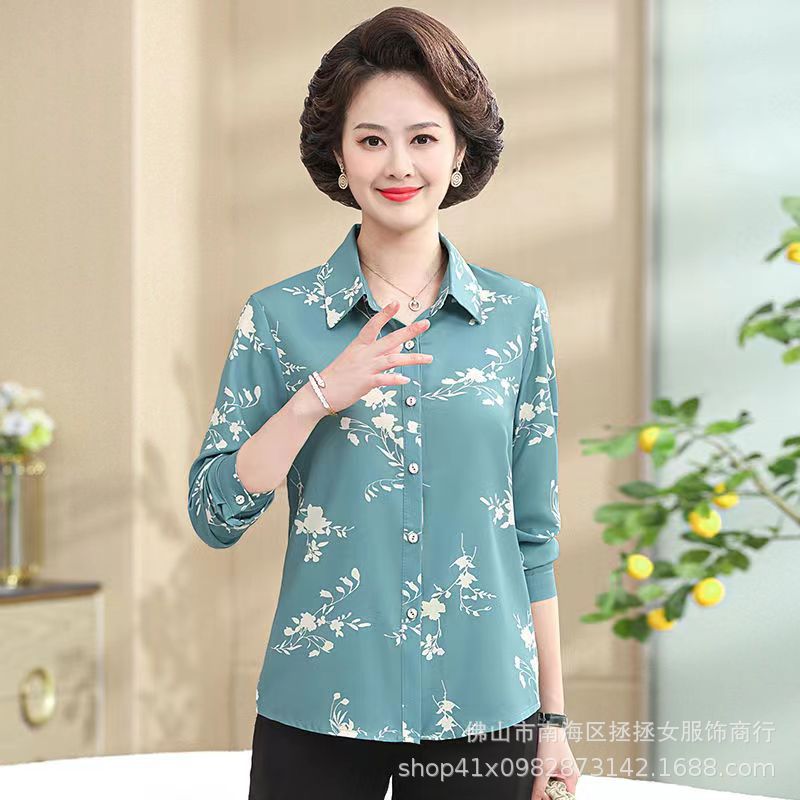 Cheap Rural Market Stall Supply Autumn New Style Middle-Aged and Elderly Women's Clothing Mother's Clothing Button-Down Collar Long-Sleeved T-Shirt
