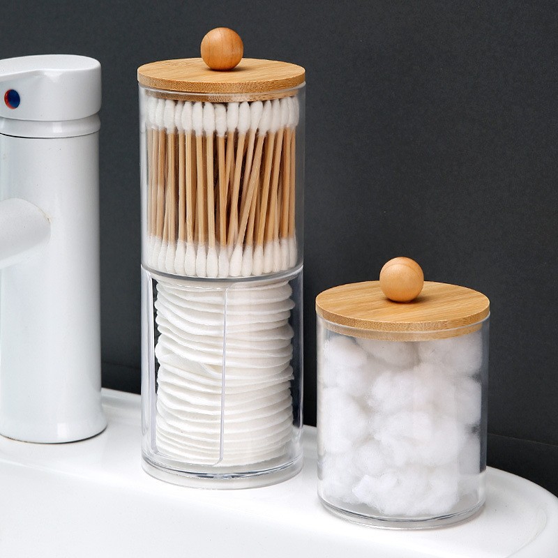 Ball Bamboo Cover Cotton Swab Storage Box Cosmetic Cotton Storage Box Plastic Round Transparent Dustproof Makeup Remover Cotton Powder Pop Box